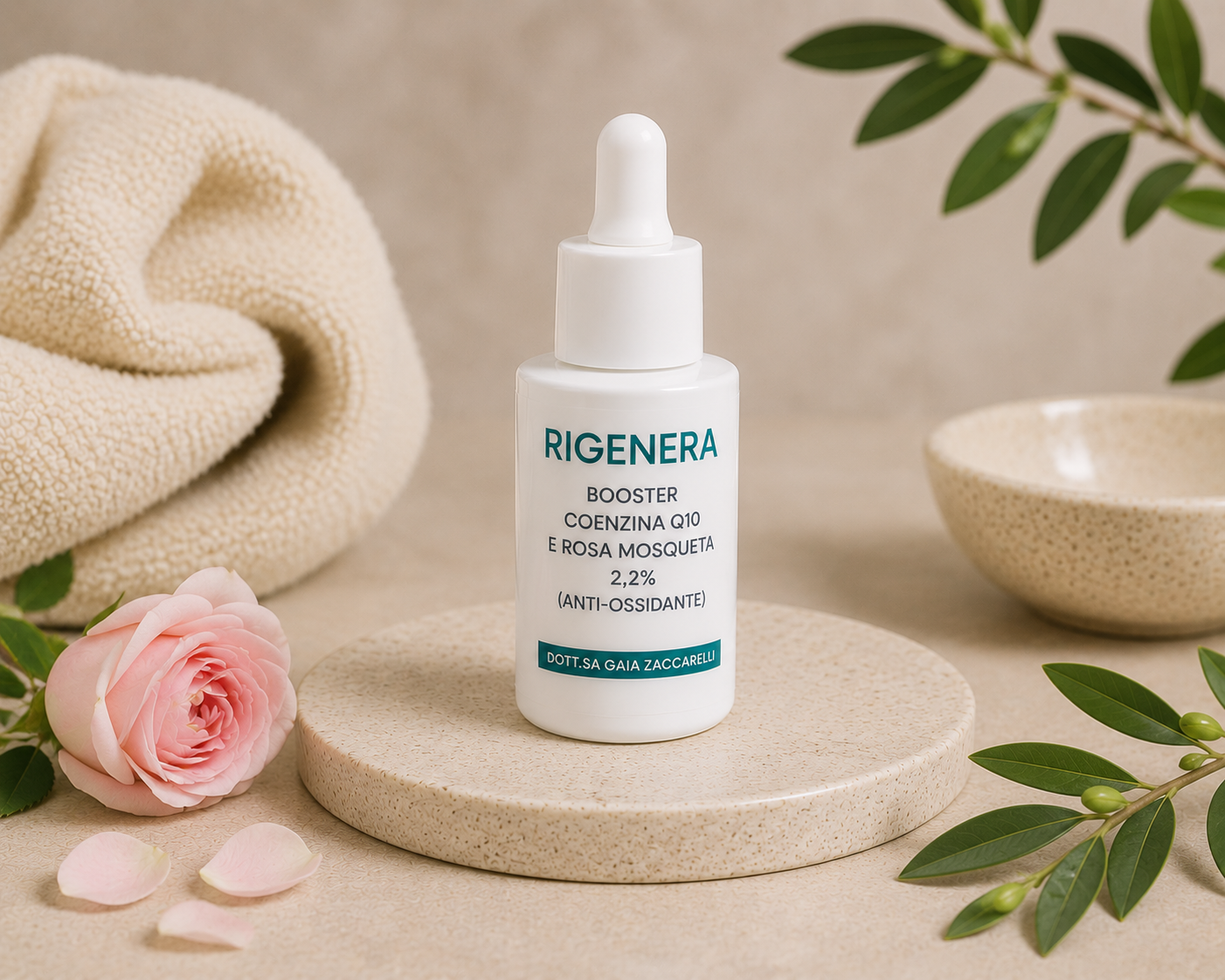 booster coenzina q10 e rosa mosqueta anti ossidante rigenera siero viso skincare antiage pelle luminosa benessere cutaneo dottoressa gaia zaccarelli