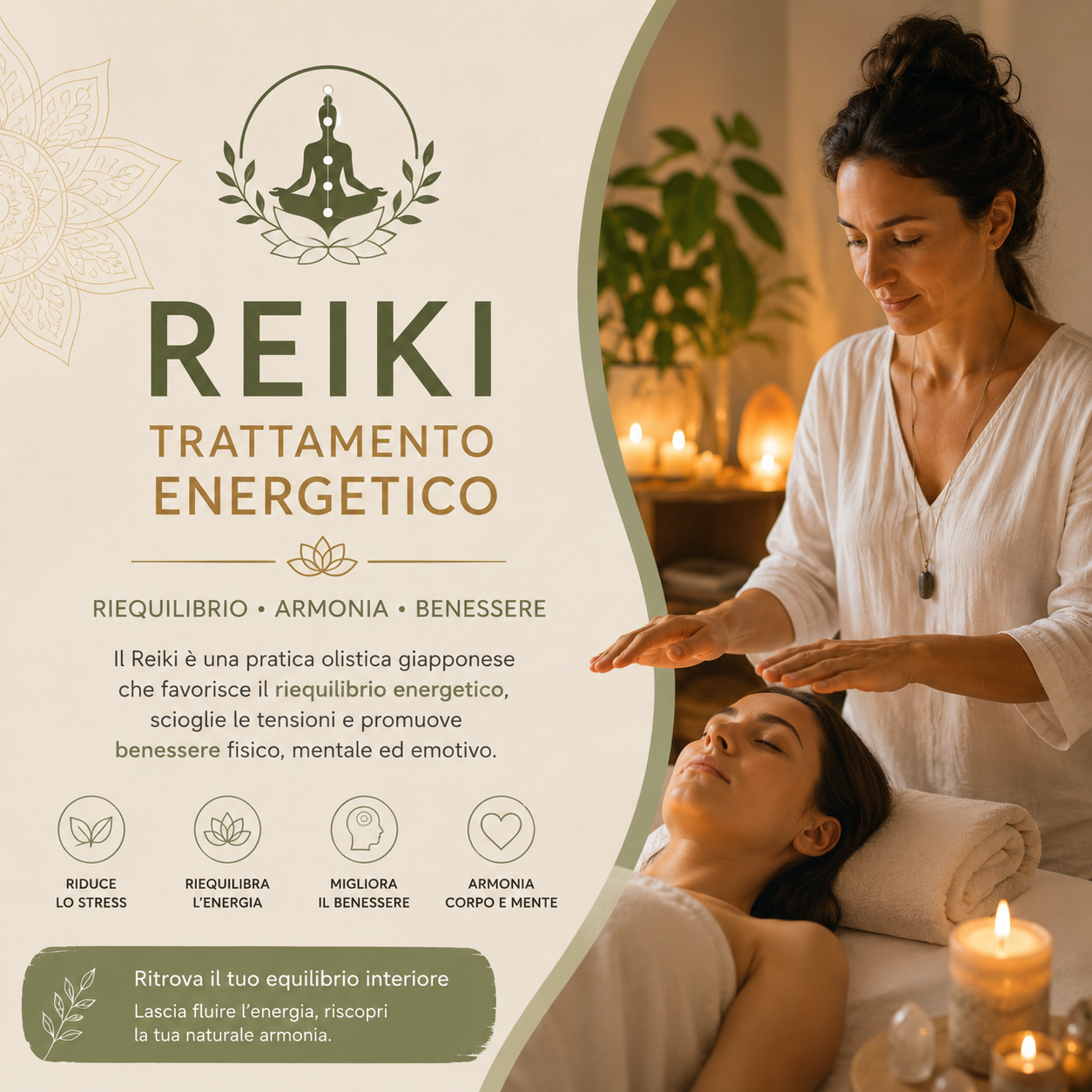 Trattamento Reiki olistico a Modena per riequilibrio energetico, relax mentale e benessere corpo mente in ambiente wellness professionale.