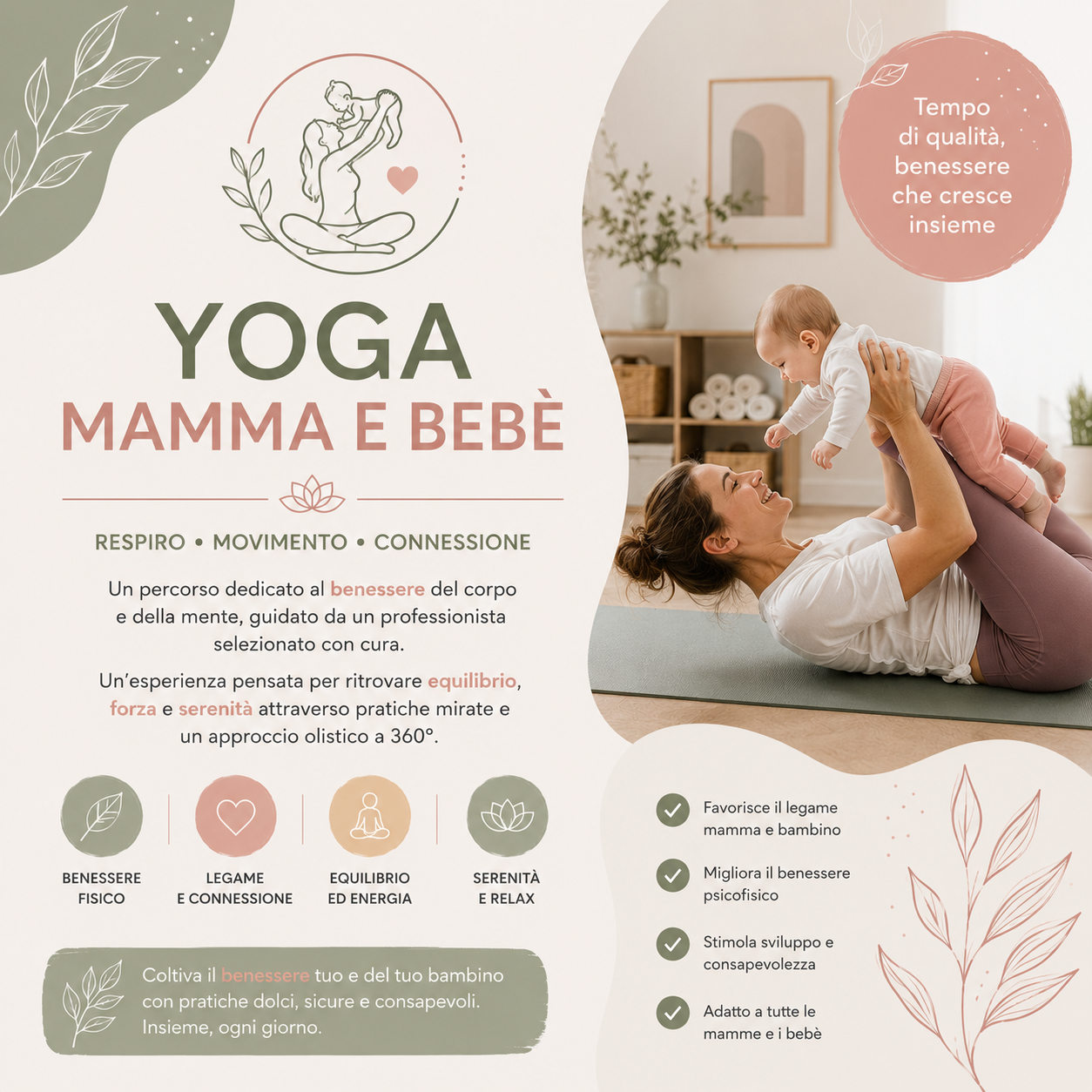 Corso yoga mamma e bebè a Modena dedicato a benessere, rilassamento, connessione emotiva e armonia tra mamma e bambino.