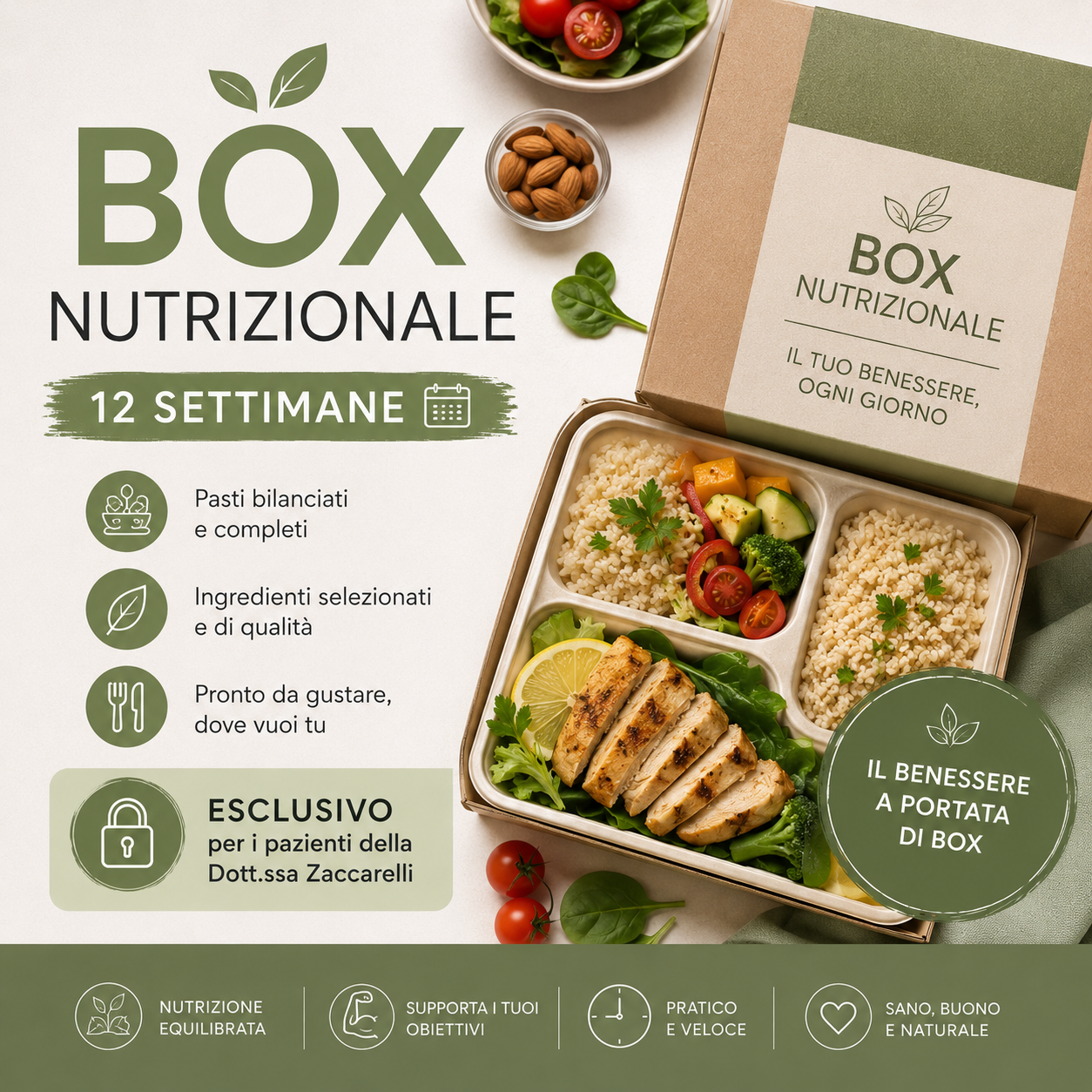 Box nutrizionale con pasti bilanciati e alimentazione sana per percorso benessere, dimagrimento e stile di vita equilibrato.