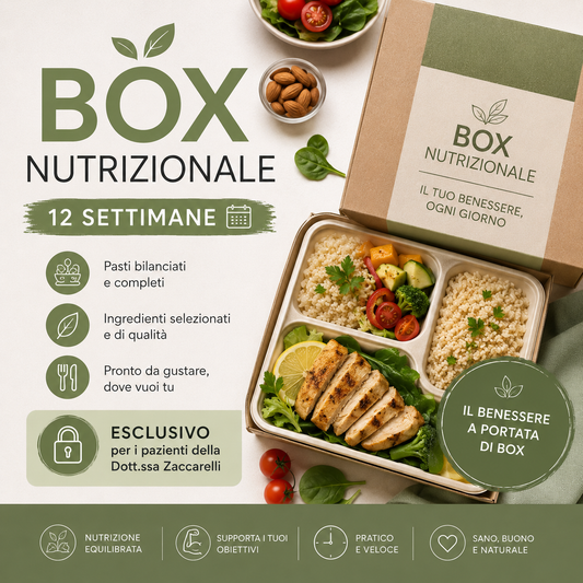 Box nutrizionale con pasti bilanciati e alimentazione sana per percorso benessere, dimagrimento e stile di vita equilibrato.