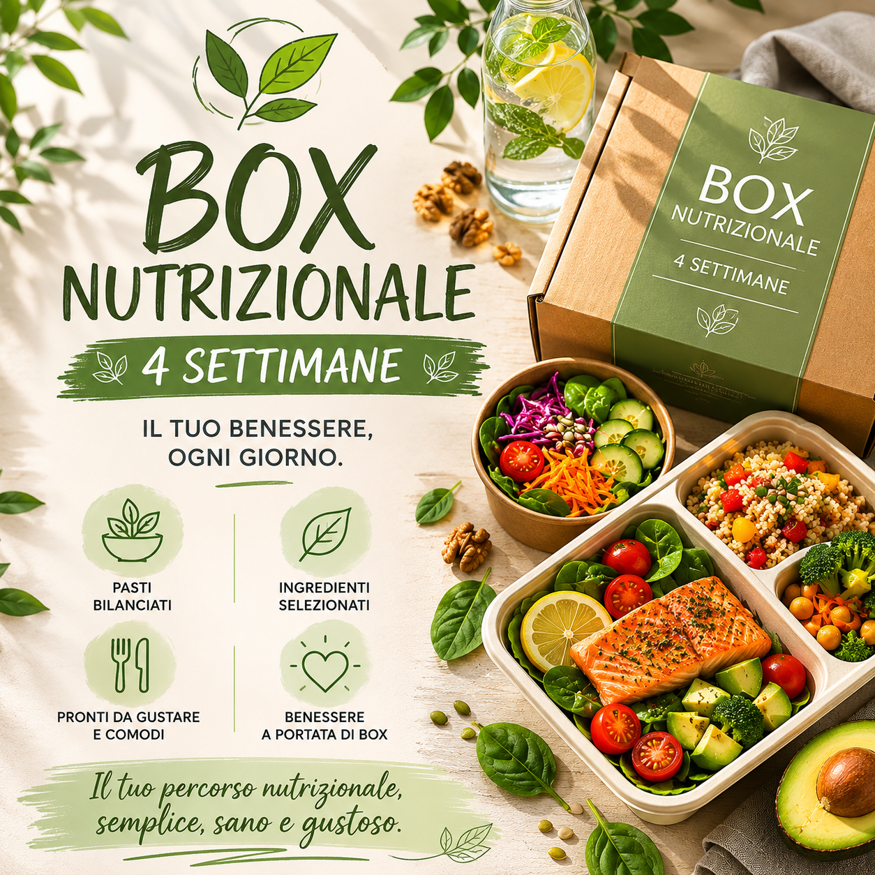 Box nutrizionale 4 settimane con pasti bilanciati, alimentazione sana e percorso wellness per benessere quotidiano e stile di vita equilibrato.