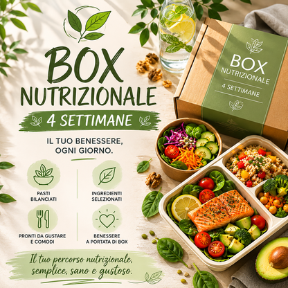 Box nutrizionale 4 settimane con pasti bilanciati, alimentazione sana e percorso wellness per benessere quotidiano e stile di vita equilibrato.