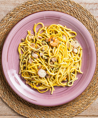 chitarrine frutti di mare pasta gourmet cucina italiana pesce fresco pranzo mediterraneo benessere alimentazione equilibrata
