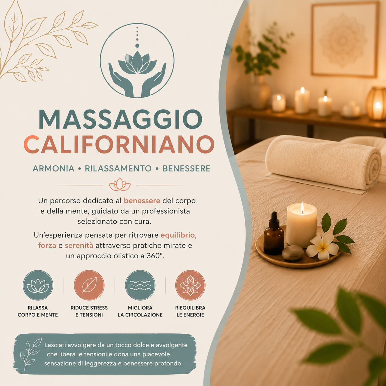 Massaggio californiano rilassante a Modena con trattamento wellness olistico per ridurre stress, tensioni e ritrovare equilibrio psicofisico.