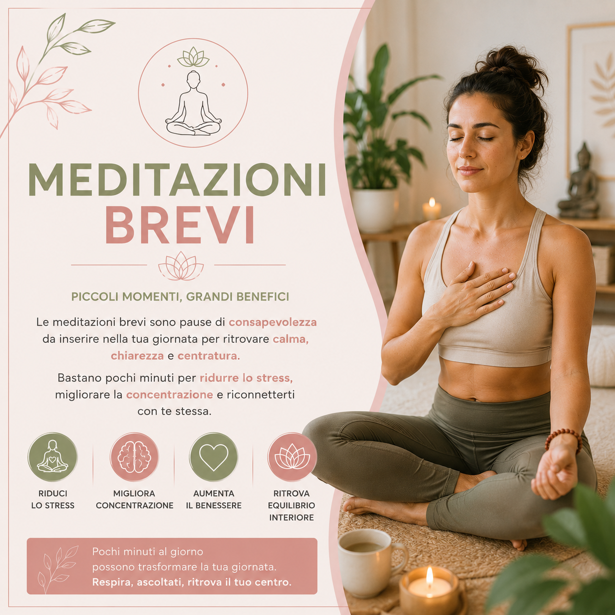 Meditazioni brevi guidate per rilassamento mentale, riduzione dello stress, mindfulness e benessere emotivo quotidiano.